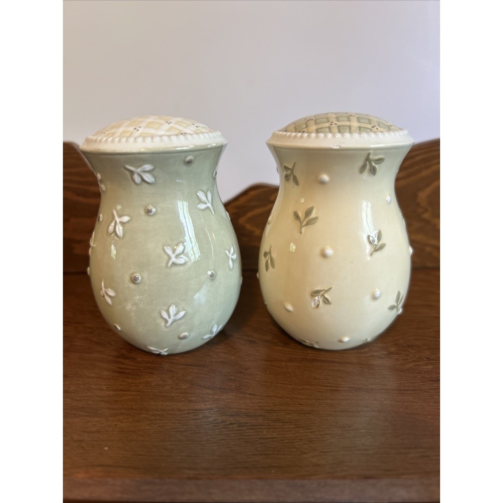 pair of Demdaco Devonshire Place salt and pepper shakers in green and cream